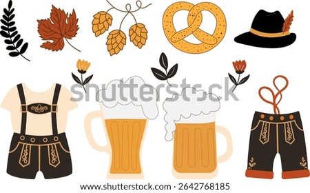 hand drawn oktoberfest vector set featuring beer mugs pretzels lederhosen hops and autumn leaves perfect for german festival designs decorations menus