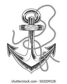 Hand drawn old anchor in vintage style . Vector line art illustration