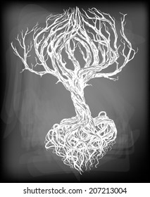 Hand - drawn old bare tree with crooked branches and root on chalkboard background