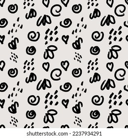 Hand drawn old brush doodles, vector seamless boho minimalist pattern