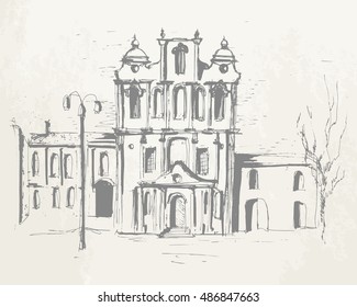 Hand drawn old building. Black and white