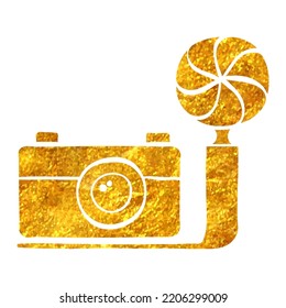 Hand Drawn Old Camera Icon In Gold Foil Texture Vector Illustration