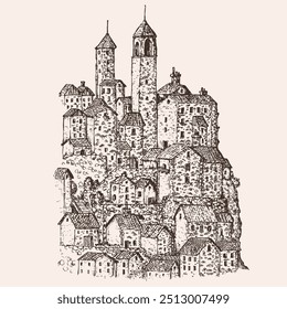 Hand drawn old city or medieval castle in monochrome color. Sketch urban panoramic vector illustration.
