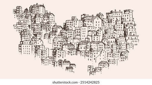 Hand drawn old city or medieval castle in monochrome color. Sketch urban panoramic vector illustration.