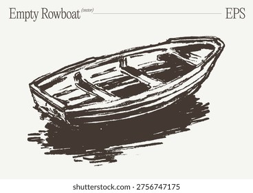 Hand drawn old empty wooden rowboat resting on reflective water vintage illustration.