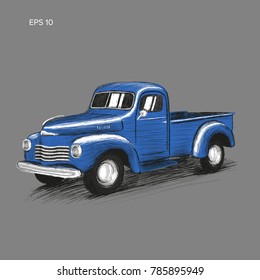 Hand drawn old farmer pickup truck vector illustration icon. Vintage transport vehicle. Sketch style