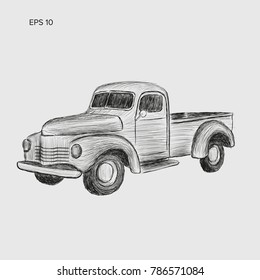 Hand drawn old farmer pickup truck vector illustration icon. Vintage transport vehicle. Sketch style