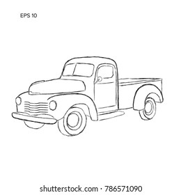 Hand drawn old farmer pickup truck vector illustration icon. Vintage transport vehicle. Sketch style