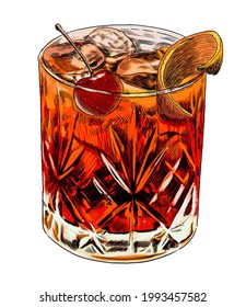 Hand Drawn Old Fashion Classic Bourbon Cocktail Vector Illustration. A Crystal Glass Of Red And Orange Cocktail With Cherry, Ice And Orange Peel.