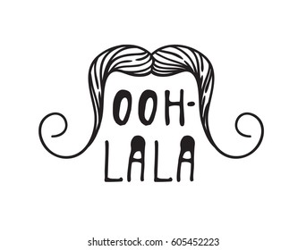 Hand drawn old fashion mustaches illustration. Black contour artistic drawing. Actual hipster vector. Male barber shop print. Card with french text