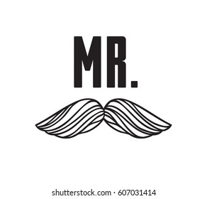 Hand drawn old fashion mustaches illustration. Black contour artistic drawing. Actual hipster vector. Male barber shop print. Wedding card with text "Mr"