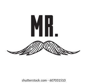 Hand drawn old fashion mustaches illustration. Black contour artistic drawing. Actual hipster vector. Male barber shop print. Wedding card with text "Mr"