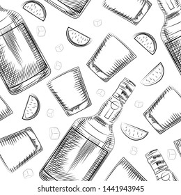 Hand drawn old fashioned glass, lime, alcohol bottle and ice cube seamless pattern. Simple engraving style vector illustration