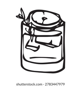 Hand drawn old fashioned whiskey glass with ice and citrus, doodle line art sketch. Black and white classic bar drink illustration isolated on white.