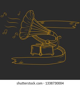 Hand drawn old gramophone isolated on black background. Vector illustration. Antique phonograph. Poster or t-shirt design. Sketch style. Chalk board.