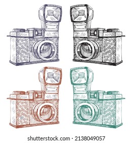 Dibujar A Mano El Estilo Gráfico Antiguo De La Ilustración Vector De Cámara De Fotos De Películas Vintage. Cámara Retro Con Flash Instalado
