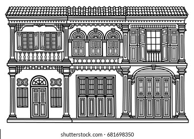 hand drawn old house. black and white illustration of a building.