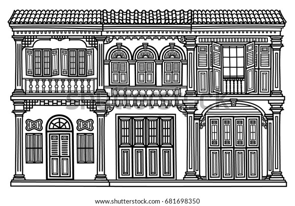 手描きの古い家 建物の白黒のイラスト のベクター画像素材