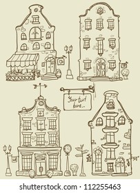 Hand drawn old houses, old town, sketch, doodles, isolated