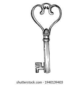 Handgezeichneter alter Schlüssel. Schwarz-Weiß-Illustration.