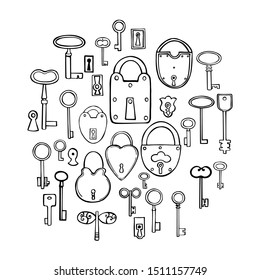 Hand drawn old keys and locks. Vector sketch  illustration.