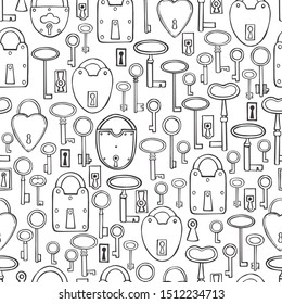 Hand drawn old keys and locks.   Vector  seamless pattern.