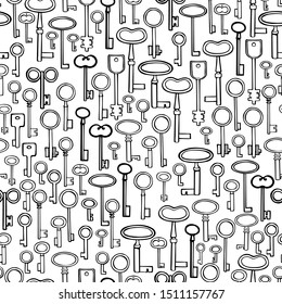 Hand drawn old keys.   Vector  seamless pattern.