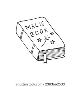 Hand drawn old magic spell book. Isolated vector illustration on a white background. Haloween element. 