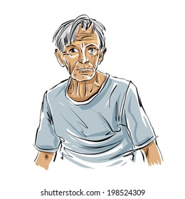 Hand drawn old man illustration on white background, grey-haired person.