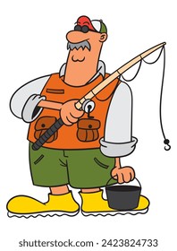 Dibujo a mano de un anciano con gafas de sol, chaleco, sombrero y botas llevando una barra de pesca y un cubo. Prepárate para pescar en el lago. Mejor para pegatinas, logotipo y mascota con temas de actividad al aire libre