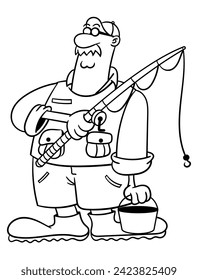 Hand Drawn of Old Man mit Sonnenbrille, Weste, Hut und Stiefel, die eine Angelstange und einen Eimer tragen. Mach dich bereit zum Angeln am See. Bestes Farbbuch mit Themen für Aktivitäten im Freien