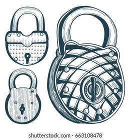 Hand drawn old padlocks set.