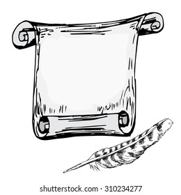 Hand drawn old parchment with feather