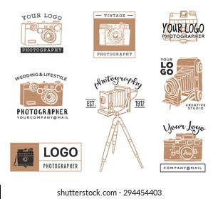 Hand drawn old photographic logo templates. Vintage style camera design elements. Ink decorative illustrations