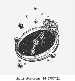 Hand drawn old pocket watch. Retro style, Vintage style. Doodle line graphic design. Black and white drawings, Vector sketch. - Vector