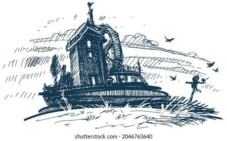Hand drawn old retro water mill with scarecrow and flying ravens. Halloween vector postcard or background.