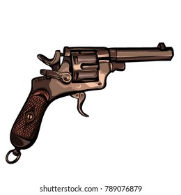 Hand drawn old revolver vector in cartoon style. Vintage pistol with barrel.