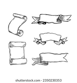 Fijación de cintas antiguas dibujadas a mano y papel de pergamino de desplazamiento. Estilo de esbozo de color negro. Arte vectorial aislado de fondo blanco.