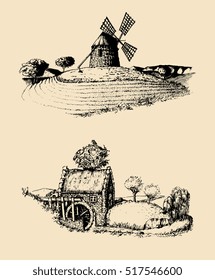Hand drawn old rustic mills images. Vector rural landscape illustrations set. European countryside sketches for posters or cards.