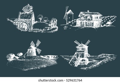 Hand drawn old rustic mills. Vector rural landscape illustrations set. European countryside sketches for posters or cards.