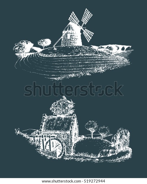 Hand Drawn Old Rustic Mills Images Royalty Free Stock Image