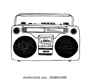 Hand drawn old school boombox isolated on white background. Doodle style modern illustration. Retro record player.