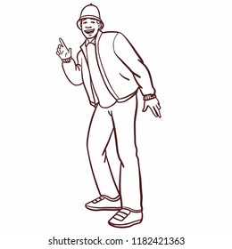hand drawn old school hip hop boy in retro look in B-boy stand. African American, cartoon, vector, eighties, wildstyle, grafitty, outline, black and white