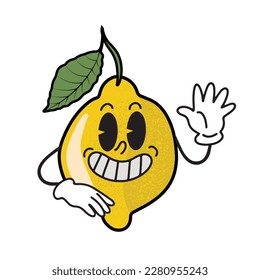 Hand drawn old school style lemon with green leaf and smiling face waving hand. Fruit mascot. Isolated vector illustration 