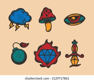 Hand drawn old school tattoo set contain cloud, mushroom, eye, bomb, diamond, and a dagger