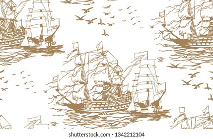Hand drawn old ship sailboat seamless pattern