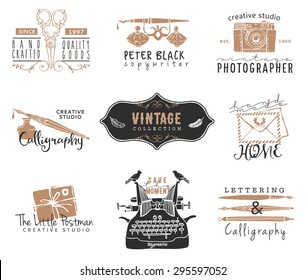 Hand drawn old stationery logo templates. Vintage style design elements. Ink decorative illustrations