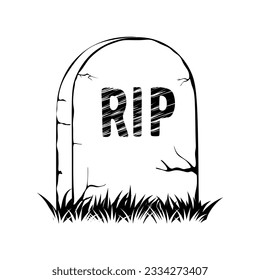 Hand drawn old stone tombstone with title R.I.P. Rest in peace. Tombstone with grass isolated on white background. Sketch grave, Grave headstone, graveyard. Vector illustration