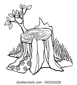 Hand drawn old stump, black and white outline, vector illustration, isolated on white 