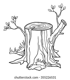Hand drawn old stump, black and white outline, vector illustration, isolated on white 